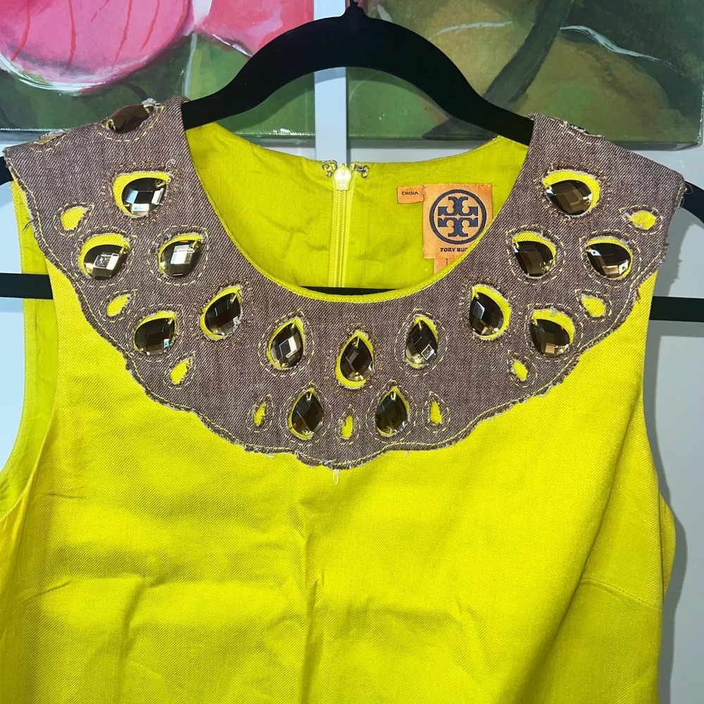 Tory Burch Chartruese Gold Green Linen Dress w Jewel Neckline Size 6 - Picture 8 of 15